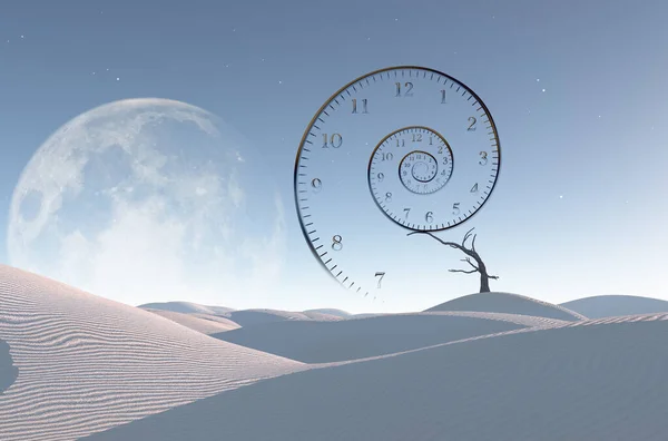 带着月亮和星星的沙漠3D渲染 — 图库照片