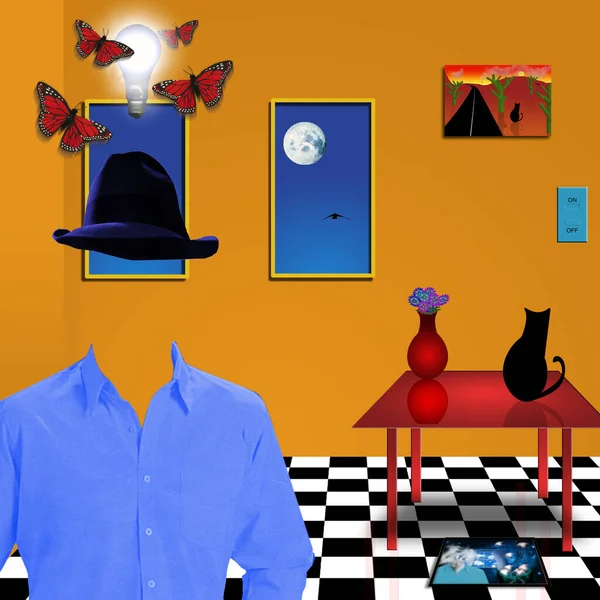Pokój Czarnym Kotem Stole Niewidzialny Mężczyzna Koszuli Kapeluszu Wyobraźnia Sztuki — Zdjęcie stockowe