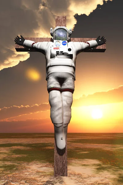 Astronauta Crucificado Paisaje Árido Puesta Sol Renderizado —  Fotos de Stock