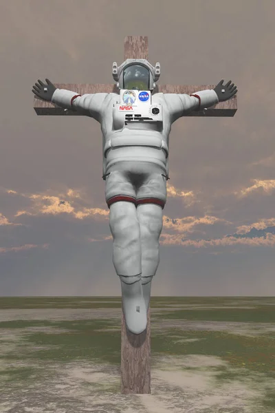 Astronauta Crucificado Paisaje Árido Renderizado — Foto de Stock