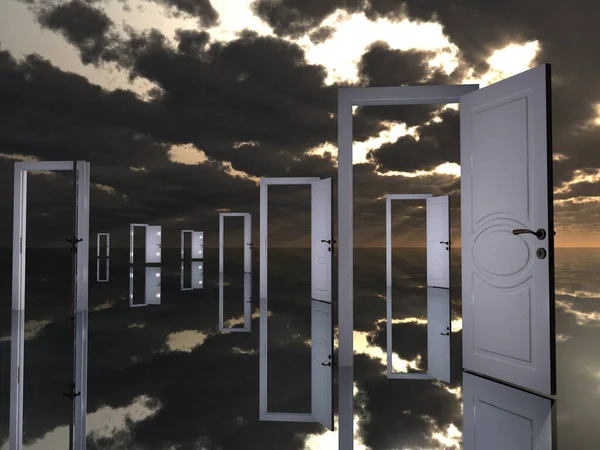 超现实环境中的多扇门敞开着 可能性 3D渲染 — 图库照片