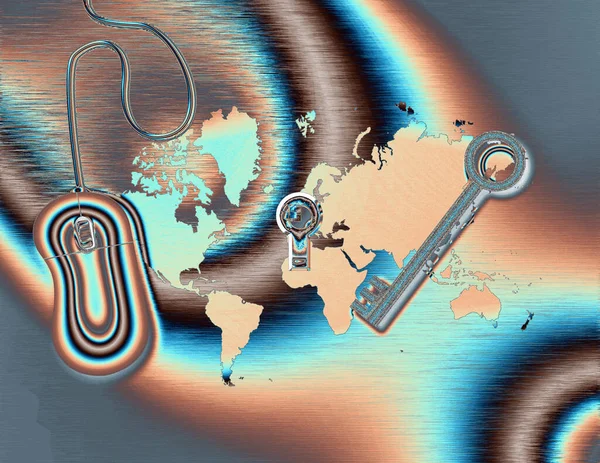 Počítačová Myš Mapa Světa Klíč Klíčová Dírka Světový Zámek Vykreslování — Stock fotografie