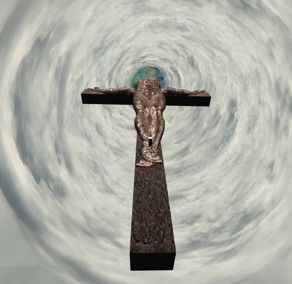 Crucified Cyborg Tunnel Clouds Rendering — Stock Photo, Image