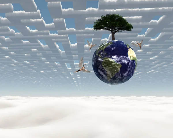 天国の風景の中に木と天使と地球 3Dレンダリング — ストック写真