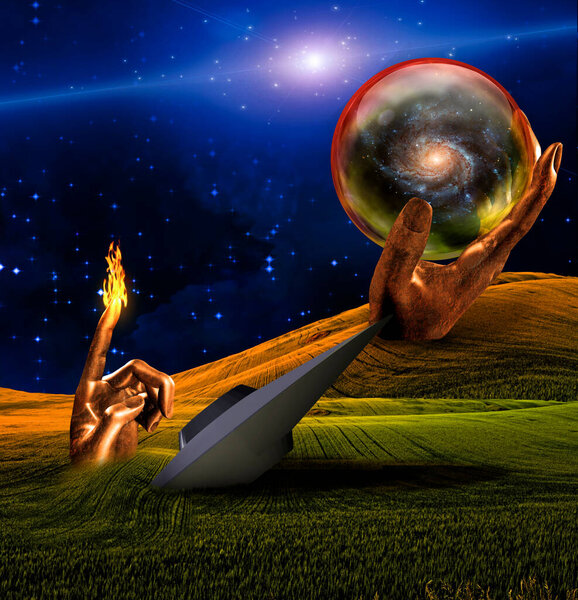 UFO crash. Hand sculpture with finger on fire and hand sculpture holding glass sphere with galaxy inside.