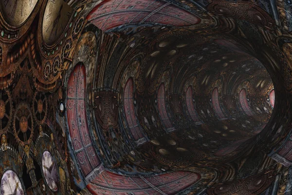 Abstraktní Tunel Steampunkovými Vzory Starožitné Dveře Hodiny — Stock fotografie