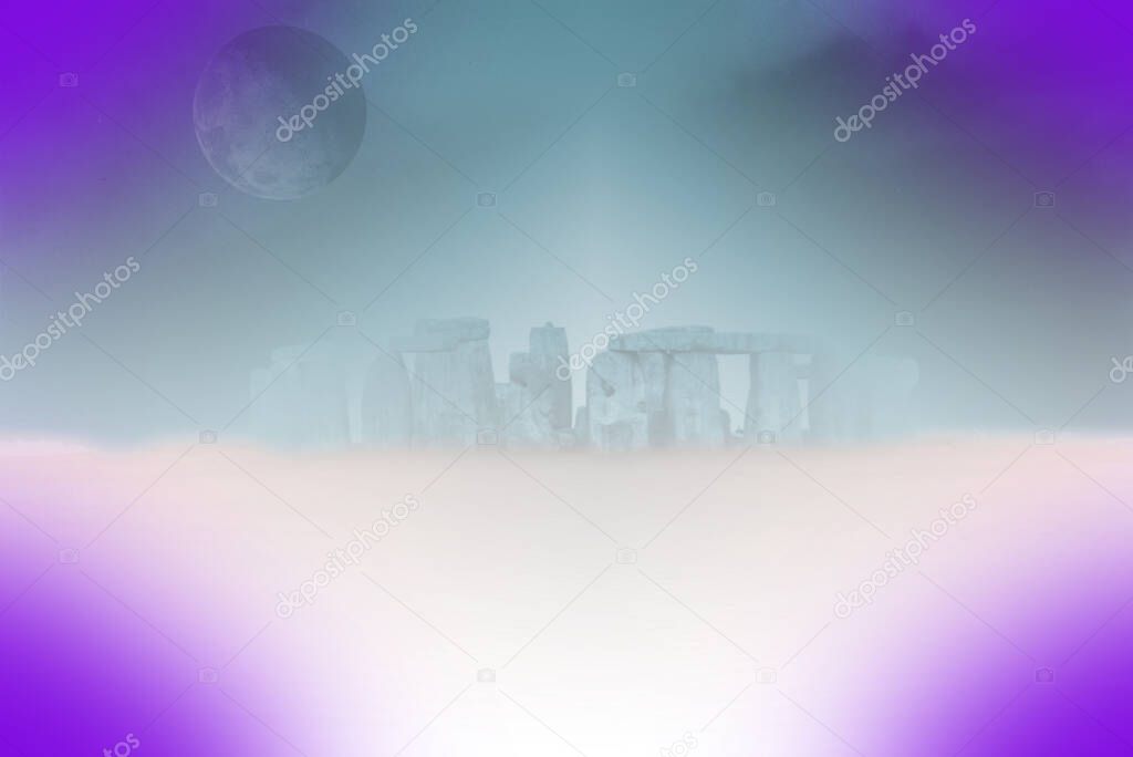 Stonehenge under full moon or planet. Surreal landscape. 3d rendering.