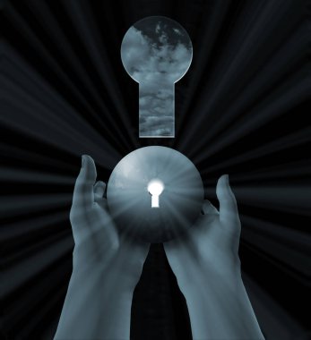 Ellerin soyut kavramsal çizimi ve kilit 