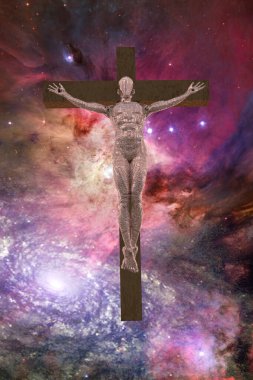 Uzayda çarmıha gerilmiş sayborg. 3B görüntüleme.