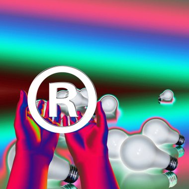 Kayıtlı bir fikir. Ampullü kayıtlı semboller. 3d oluşturma.