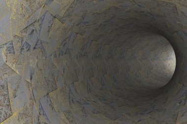 Duvarlarında yıpranmış geometrik şekiller olan soyut bir tünel..