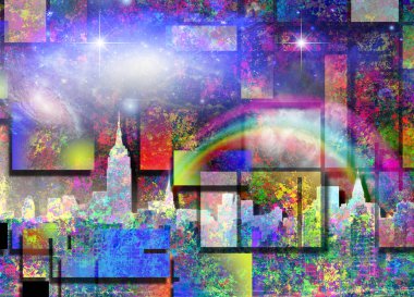 Farklı şablonlar ve şehir binaları ile soyut kolaj arka planı, 3D sanat