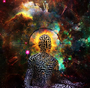Labirent desenli ve yanan haleli bir adam canlı uzayda meditasyon yapıyor. 3B görüntüleme.
