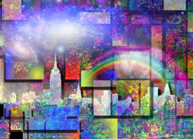 Farklı şablonlar ve şehir binaları ile soyut kolaj arka planı, 3D sanat