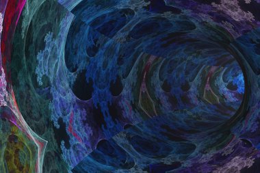 Duvarlarında mavi fraktal desenler olan soyut tünel.