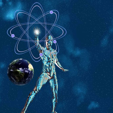 Metnin için alanı olan soyut arkaplan üzerindeki atom