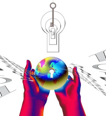 Ellerin soyut kavramsal çizimi ve kilit 