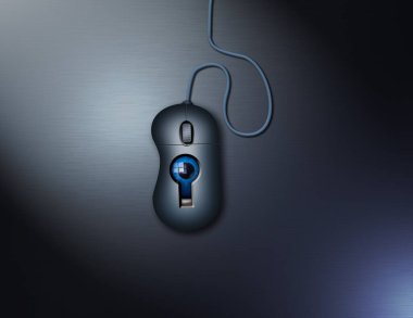 Bilgisayar faresindeki bir anahtar deliğinden göz akranları. Dijital casusluk mu? 3d oluşturma.