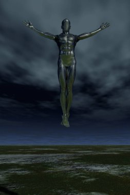 Droid 'in boş arazide yükselişi. 3d oluşturma.