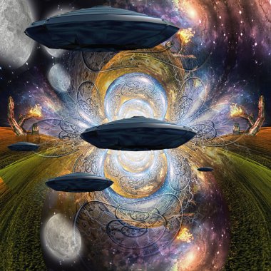 Gerçeküstü boyuttaki uzaylı filosu. 3d oluşturma.