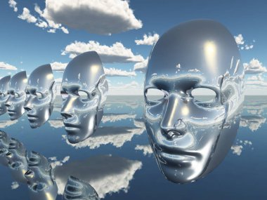 3d rendering of a white and blue eyes of a head with a cloud
