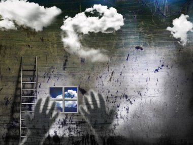 Merdiven ve el siluetleriyle korkunç bir kompozisyon. 3d oluşturma.