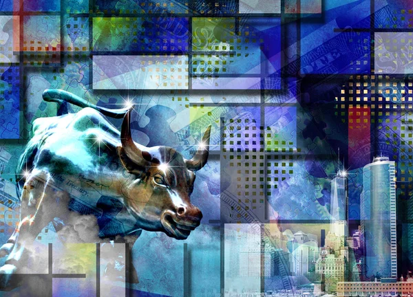 牛の彫刻と幾何学的形状 3Dアートの抽象的な背景 — ストック写真