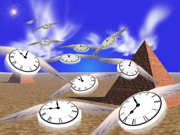 Sonsuz Piramitler Kanatlı Saatler Zamanın Akışını Temsil Eder Oluşturma — Stok fotoğraf