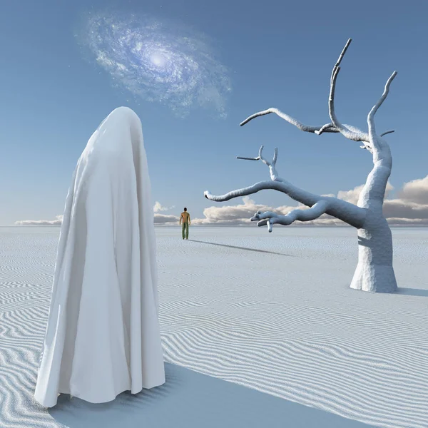 3D一个幻想场景与美丽的天使与枯树 — 图库照片