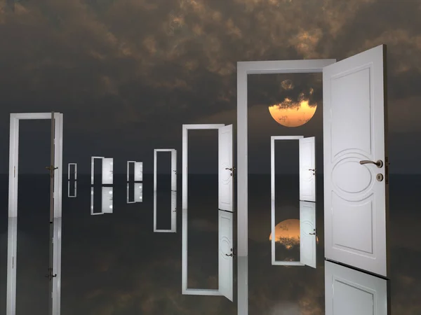 Multiple Open Doors Surreal Landscape Possibilities Rendering — Stock Photo, Image