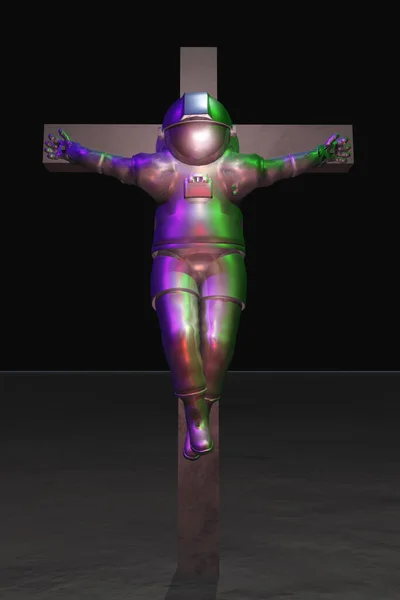 Isolated Crucified Astronaut Silver Suit Rendering — Stock Photo, Image