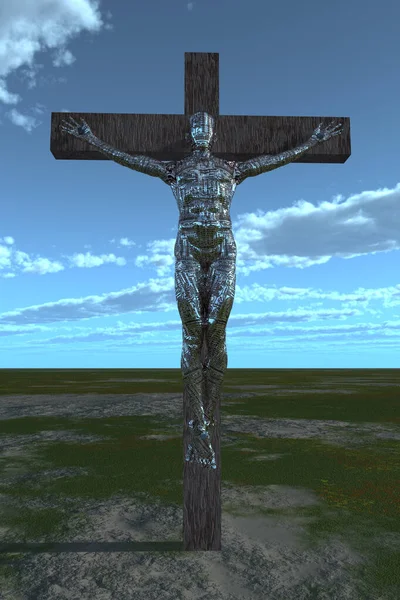 Cyborg Crucificado Paisaje Vacío Renderizado — Foto de Stock