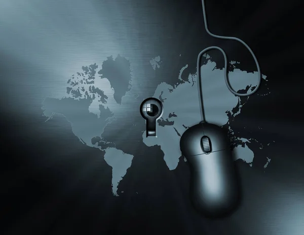 デジタルスパイだ コンピュータマウスと世界地図 前方に目を通す 3Dレンダリング — ストック写真