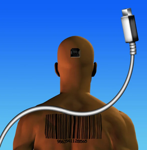 Σύνδεση Άνθρωπος Καλώδιο Usb Στο Κεφάλι Και Barcode Απόδοση — Φωτογραφία Αρχείου