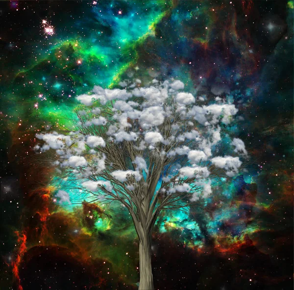 Árvore Nuvens Cósmicas Fundo Nebulosa Vívida Renderização — Fotografia de Stock