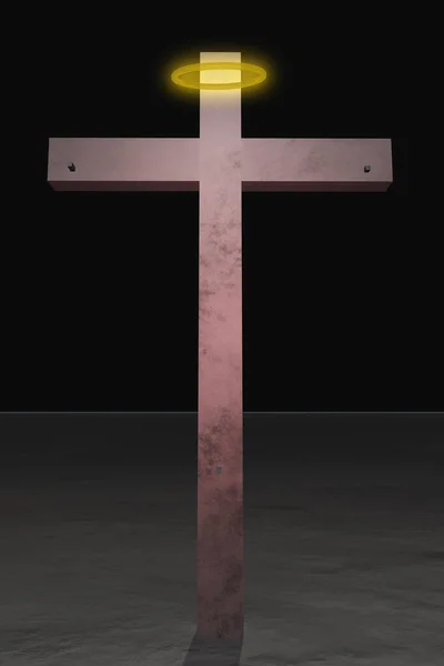Деревянный Крест Ярким Нимбом Сверху Рендеринг Духовная Композиция — стоковое фото