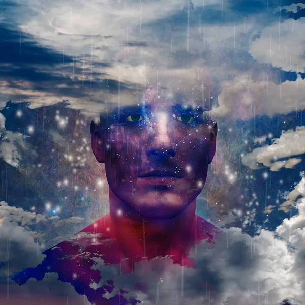 Сюрреалистичное Искусство Голова Человека Дождём Облаками Абстрактный Фон Рендеринг — стоковое фото
