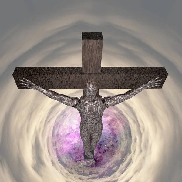 雲のトンネルの中で十字架につけられたサイボーグ 3Dレンダリング — ストック写真