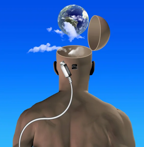 Planet Earth Man Open Head Usb Cable Rendering Global Connection — Stock Photo, Image