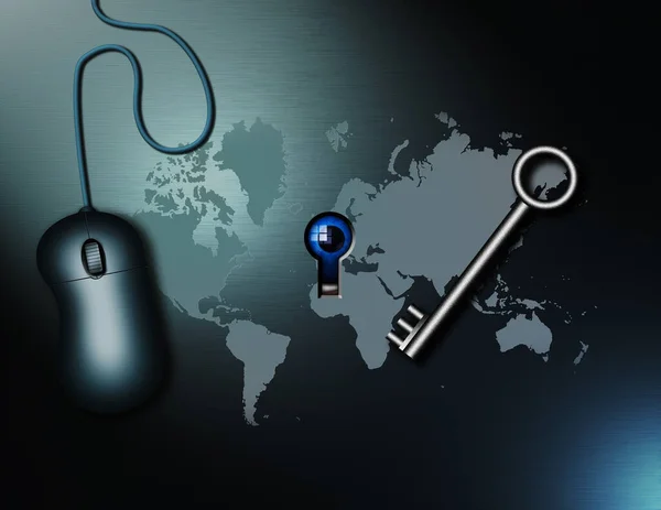 Digital Espionage Computermaus Taste Und Weltkarte Auge Guckt Durch Schlüsselloch — Stockfoto