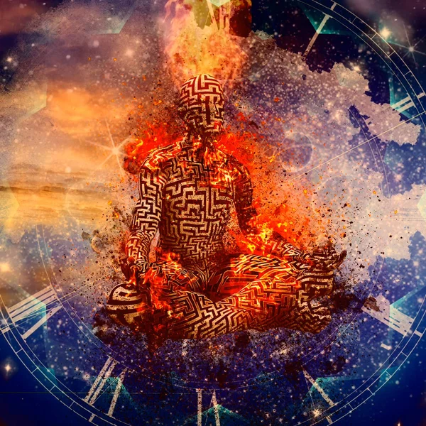 Vlammende Meditatie Man Lotushouding Weergave — Stockfoto