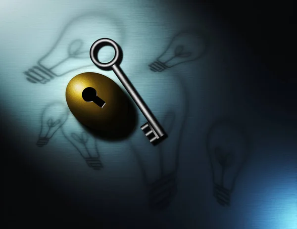 Key Prosperity Golden Nestegg Keyhole Light Bulb Symbolizes Ideas Rendering — Stock Photo, Image