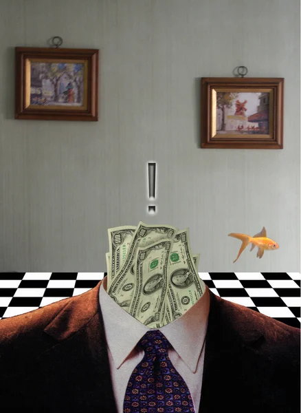 Surreal Symbolic Composition Dollar Banknotes Business Suit Golden Fish Desire — Stock Photo, Image