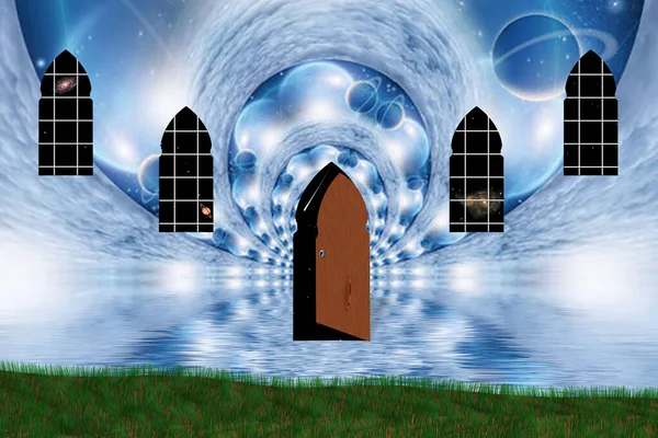 Сюрреалистичный Пейзаж Древними Окнами Дверями Фрактальный Фон Планеты Рендеринг — стоковое фото