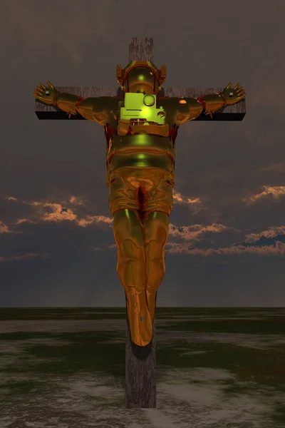 Crucified Astronaut Golden Suit Rendering — Stock Photo, Image