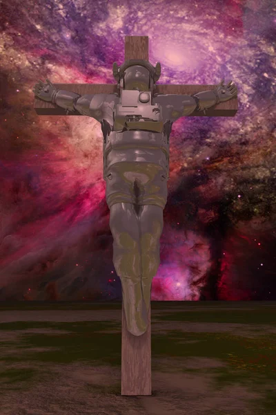 Crucified Astronaut Vivid Space Rendering — Stock Photo, Image