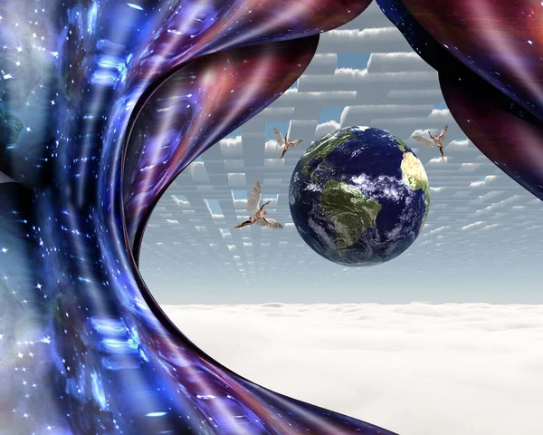天使和地球在天上的风景 3D渲染 — 图库照片