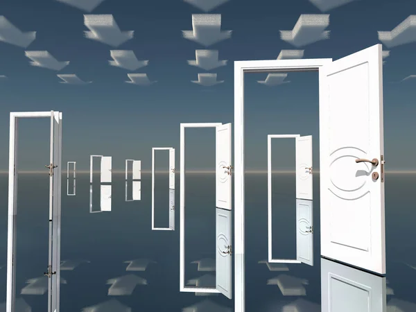 Кілька Відкритих Дверей Спрямованими Хмарами Стрілок Візуалізація Можливості — стокове фото