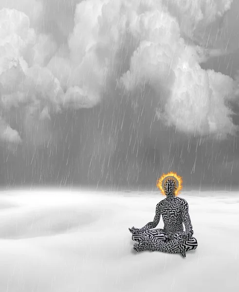 Labirent Desenli Yanan Haleli Bir Adam Beyaz Manzarada Meditasyon Yapıyor — Stok fotoğraf