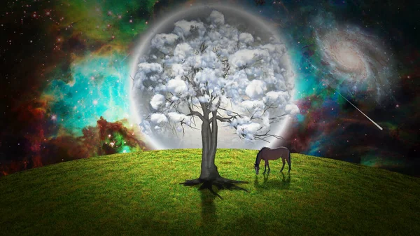 Främmande Planet Träd Växer Häst Betar Stjärnhimlen — Stockfoto